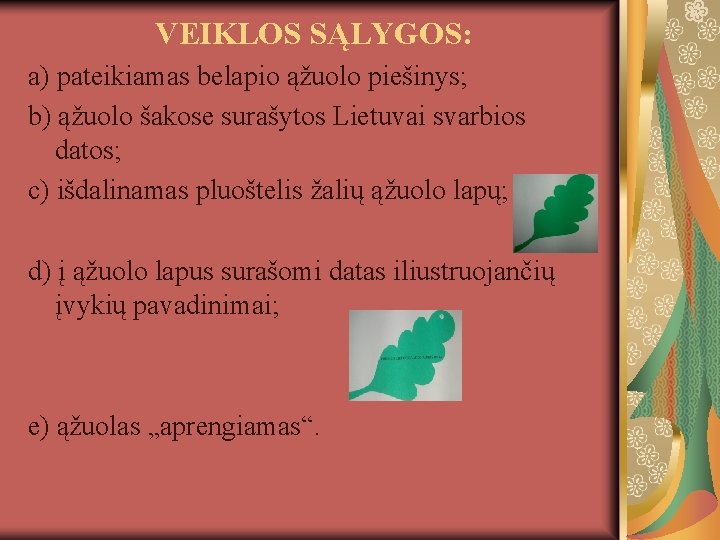VEIKLOS SĄLYGOS: a) pateikiamas belapio ąžuolo piešinys; b) ąžuolo šakose surašytos Lietuvai svarbios datos;