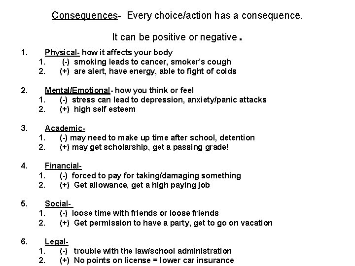 Consequences- Every choice/action has a consequence. It can be positive or negative . 1.