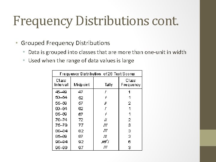 Frequency Distributions cont. • Grouped Frequency Distributions • Data is grouped into classes that