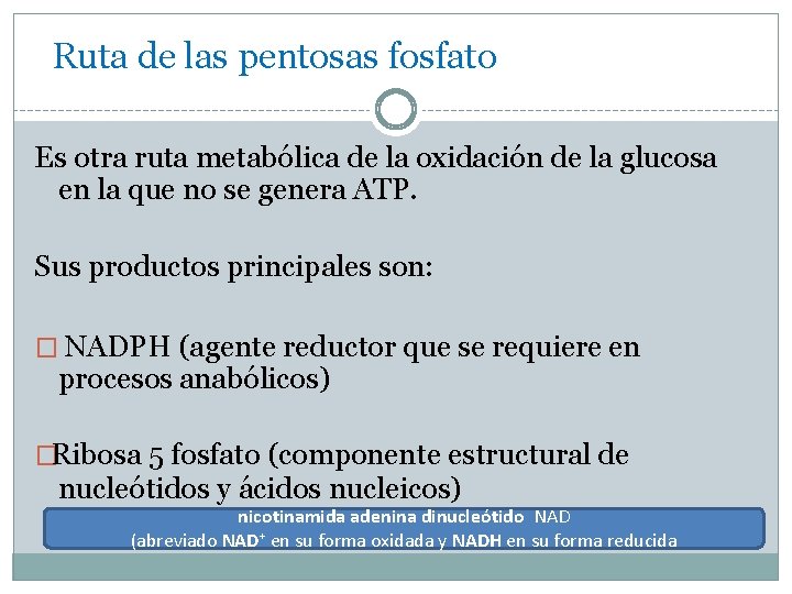 Ruta de las pentosas fosfato Es otra ruta metabólica de la oxidación de la