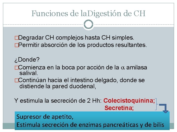 Funciones de la. Digestión de CH �Degradar CH complejos hasta CH simples. �Permitir absorción
