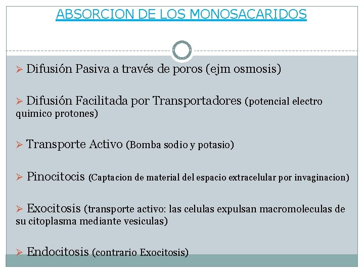 ABSORCION DE LOS MONOSACARIDOS Difusión Pasiva a través de poros (ejm osmosis) Difusión Facilitada