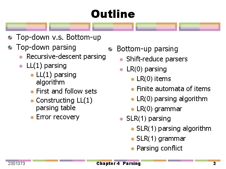 Outline Top-down v. s. Bottom-up Top-down parsing l l 2301373 Recursive-descent parsing LL(1) parsing