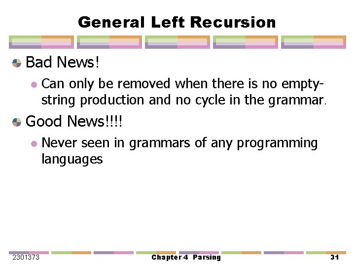 General Left Recursion Bad News! l Can only be removed when there is no