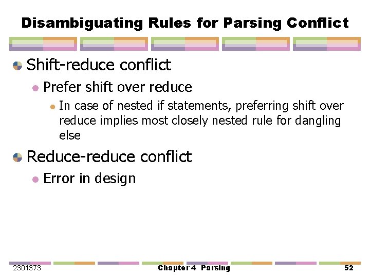 Disambiguating Rules for Parsing Conflict Shift-reduce conflict l Prefer shift over reduce l In