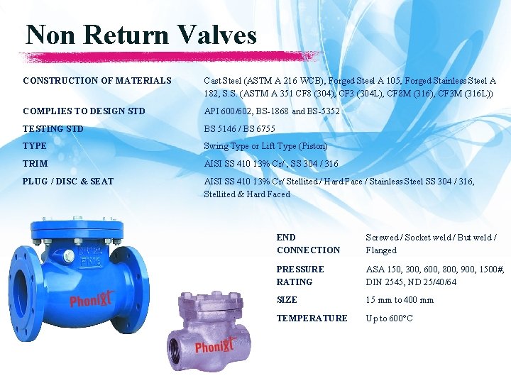 Non Return Valves CONSTRUCTION OF MATERIALS Cast Steel (ASTM A 216 WCB), Forged Steel