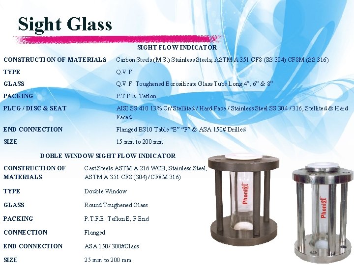 Sight Glass SIGHT FLOW INDICATOR CONSTRUCTION OF MATERIALS Carbon Steels (M. S. ) Stainless