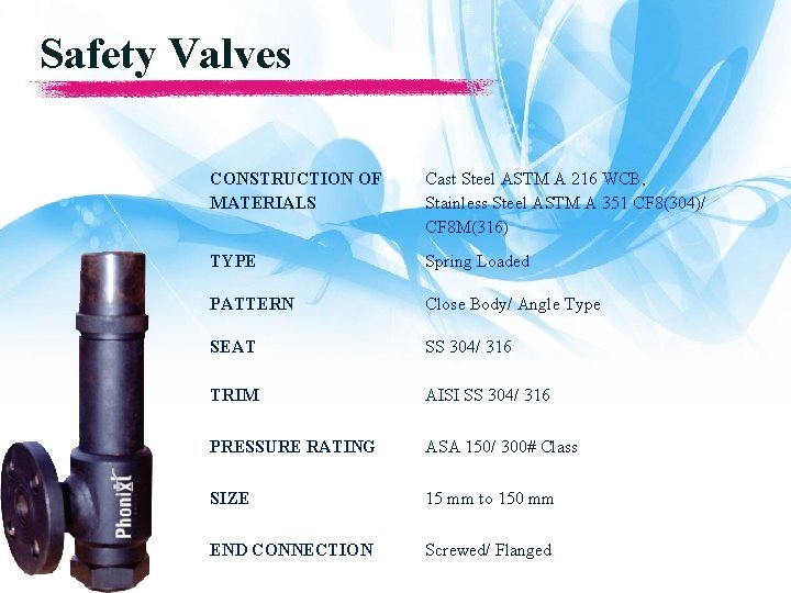 Safety Valves CONSTRUCTION OF MATERIALS Cast Steel ASTM A 216 WCB, Stainless Steel ASTM