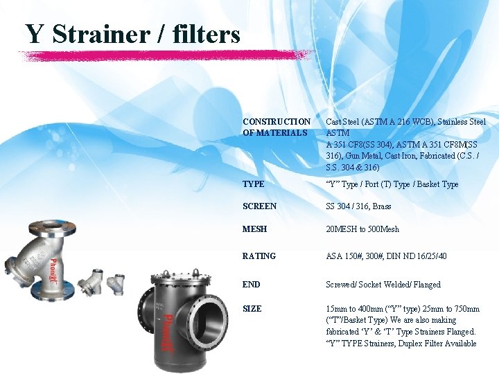 Y Strainer / filters CONSTRUCTION OF MATERIALS Cast Steel (ASTM A 216 WCB), Stainless