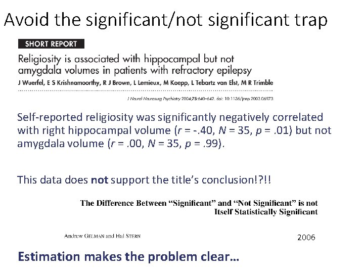 Avoid the significant/not significant trap Self-reported religiosity was significantly negatively correlated with right hippocampal