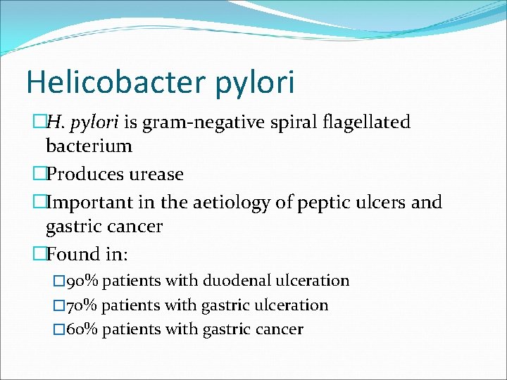 Helicobacter pylori �H. pylori is gram-negative spiral flagellated bacterium �Produces urease �Important in the