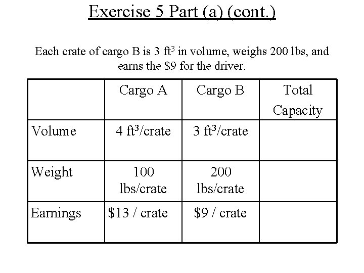 Exercise 5 Part (a) (cont. ) Each crate of cargo B is 3 ft