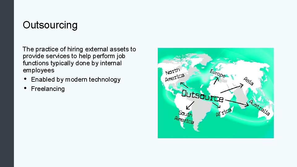 Outsourcing The practice of hiring external assets to provide services to help perform job