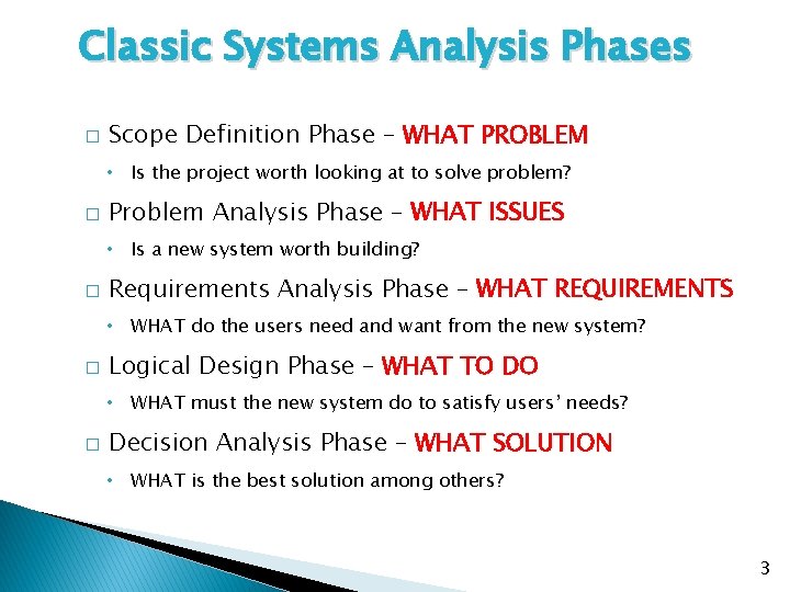 Classic Systems Analysis Phases � Scope Definition Phase – WHAT PROBLEM • Is the