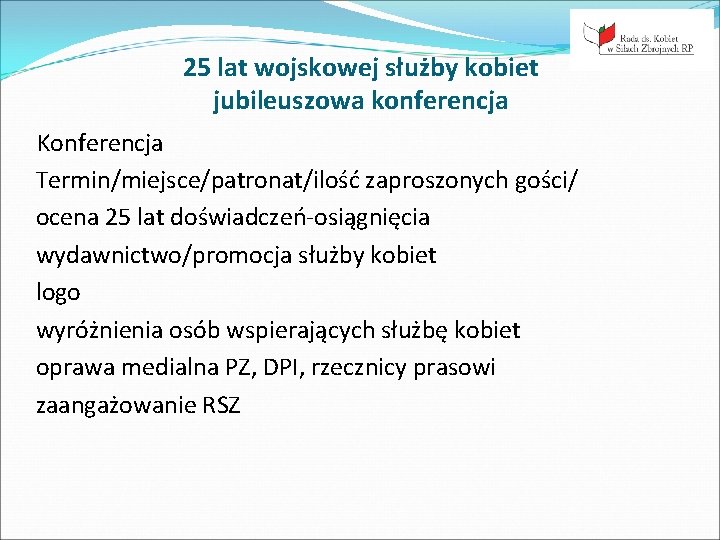 25 lat wojskowej służby kobiet jubileuszowa konferencja Konferencja Termin/miejsce/patronat/ilość zaproszonych gości/ ocena 25 lat