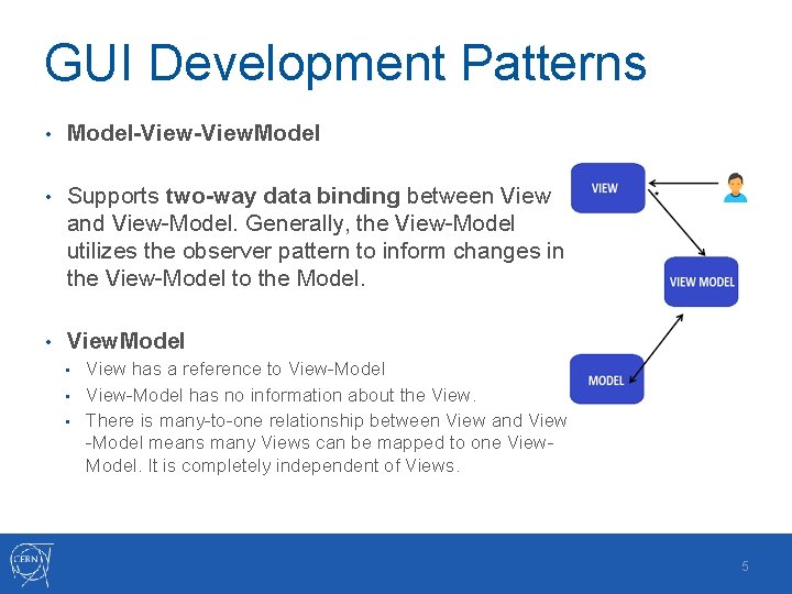 GUI Development Patterns • Model-View. Model • Supports two-way data binding between View and