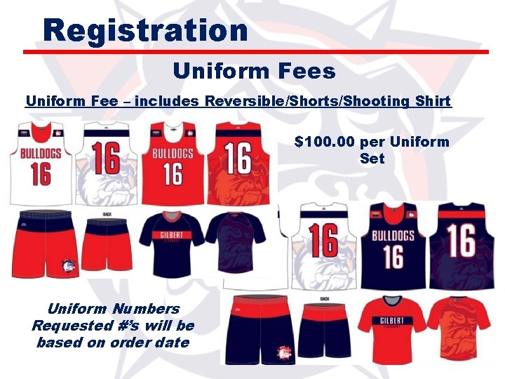 Registration Uniform Fees Uniform Fee – includes Reversible/Shorts/Shooting Shirt $100. 00 per Uniform Set