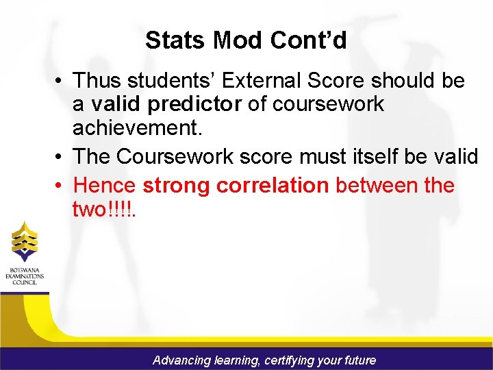 Stats Mod Cont’d • Thus students’ External Score should be a valid predictor of