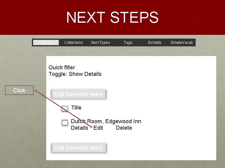 NEXT STEPS Items Collections Item Types Tags Quick filter Toggle: Show Details Click Edit