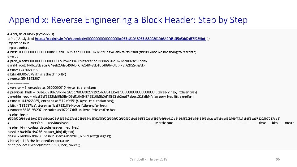 Appendix: Reverse Engineering a Block Header: Step by Step # Analysis of block (Python