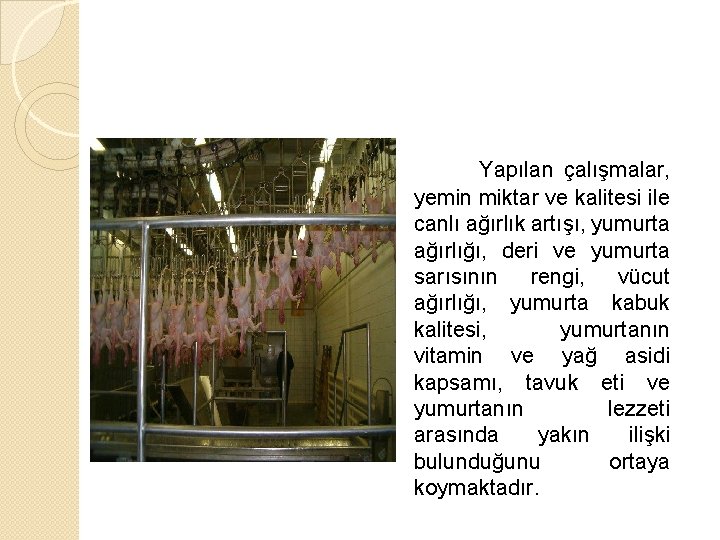 Yapılan çalışmalar, yemin miktar ve kalitesi ile canlı ağırlık artışı, yumurta ağırlığı, deri ve