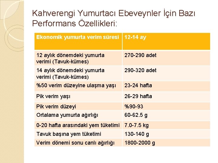 Kahverengi Yumurtacı Ebeveynler İçin Bazı Performans Özellikleri: Ekonomik yumurta verim süresi 12 -14 ay