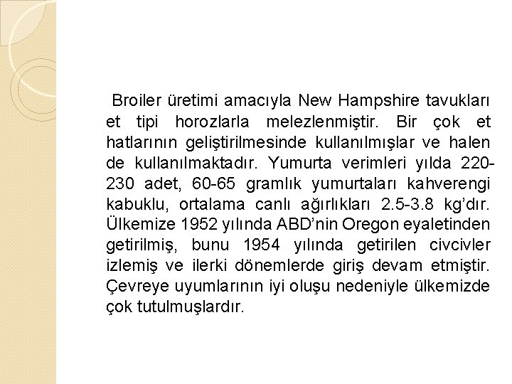 Broiler üretimi amacıyla New Hampshire tavukları et tipi horozlarla melezlenmiştir. Bir çok et hatlarının