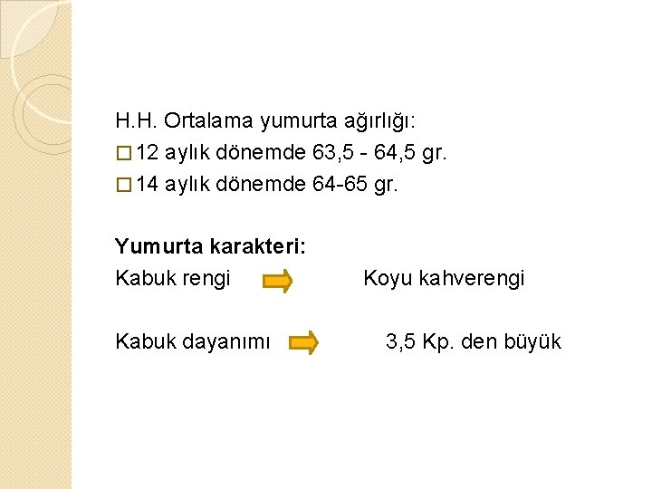 H. H. Ortalama yumurta ağırlığı: � 12 aylık dönemde 63, 5 - 64, 5