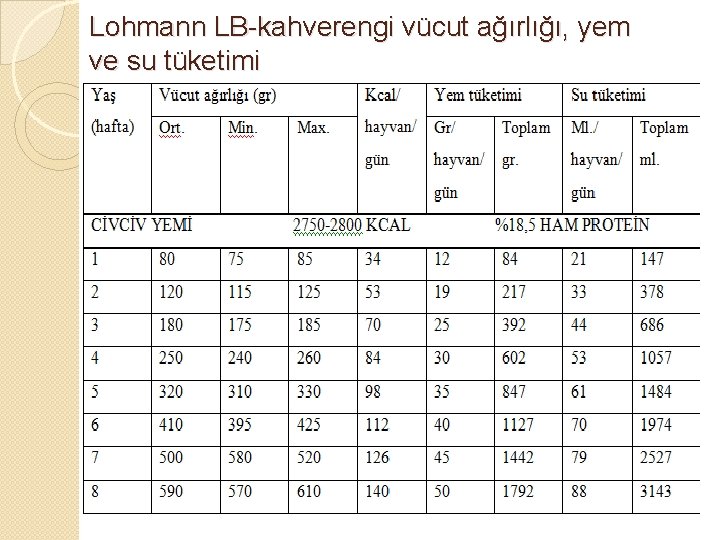 Lohmann LB-kahverengi vücut ağırlığı, yem ve su tüketimi 