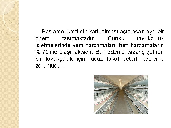 Besleme, üretimin karlı olması açısından ayrı bir önem taşımaktadır. Çünkü tavukçuluk işletmelerinde yem harcamaları,