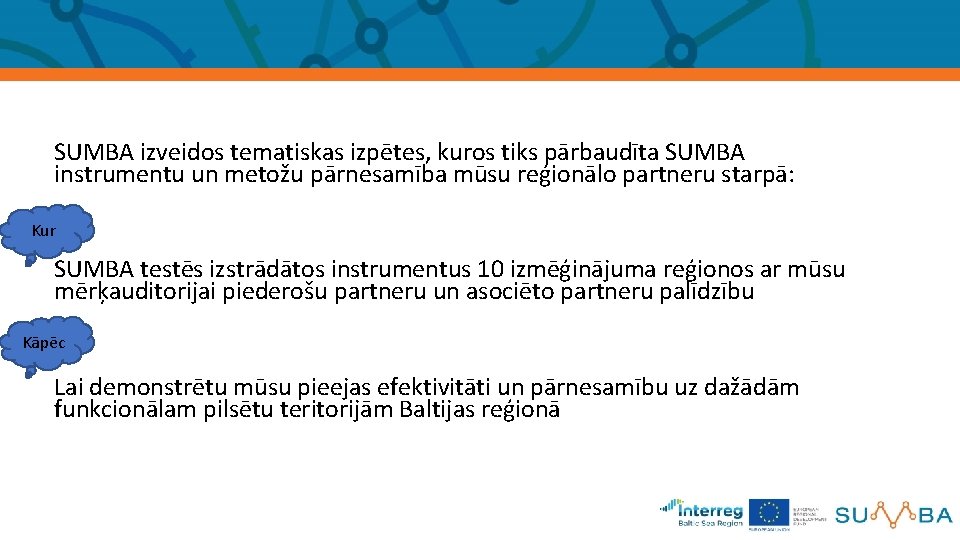 SUMBA izveidos tematiskas izpētes, kuros tiks pārbaudīta SUMBA instrumentu un metožu pārnesamība mūsu reģionālo