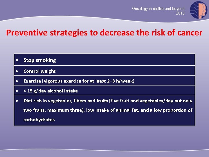 Oncology in midlife and beyond 2013 Preventive strategies to decrease the risk of cancer
