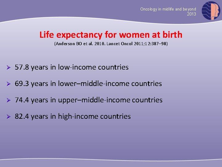 Oncology in midlife and beyond 2013 Life expectancy for women at birth (Anderson BO