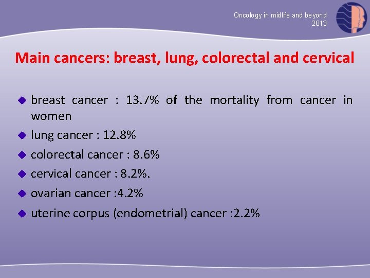 Oncology in midlife and beyond 2013 Main cancers: breast, lung, colorectal and cervical u