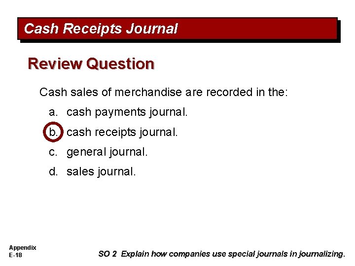 Cash Receipts Journal Review Question Cash sales of merchandise are recorded in the: a.