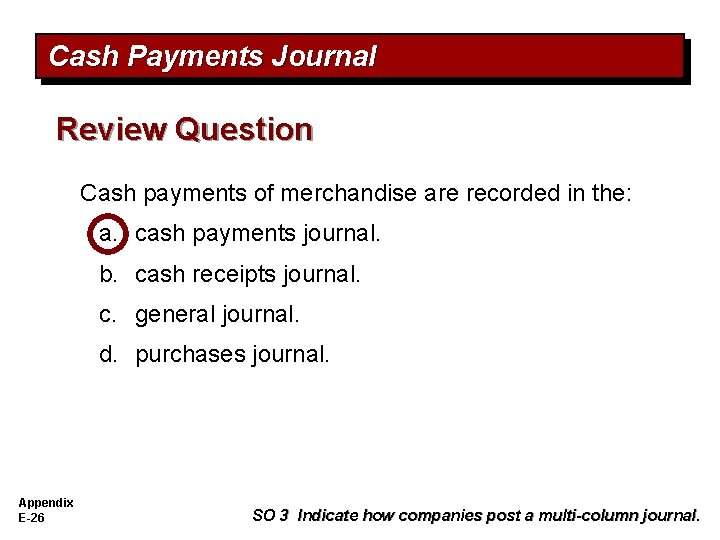 Cash Payments Journal Review Question Cash payments of merchandise are recorded in the: a.