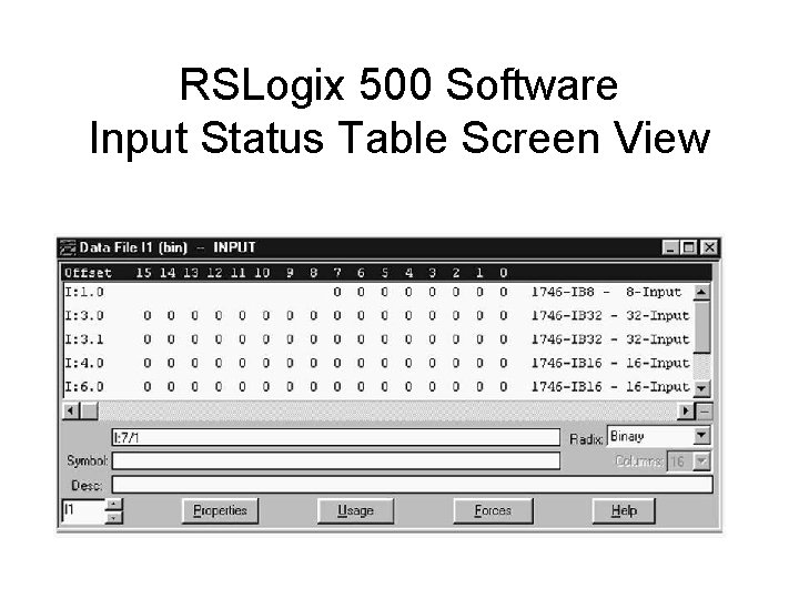 RSLogix 500 Software Input Status Table Screen View 