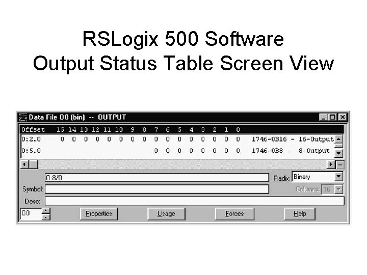 RSLogix 500 Software Output Status Table Screen View 