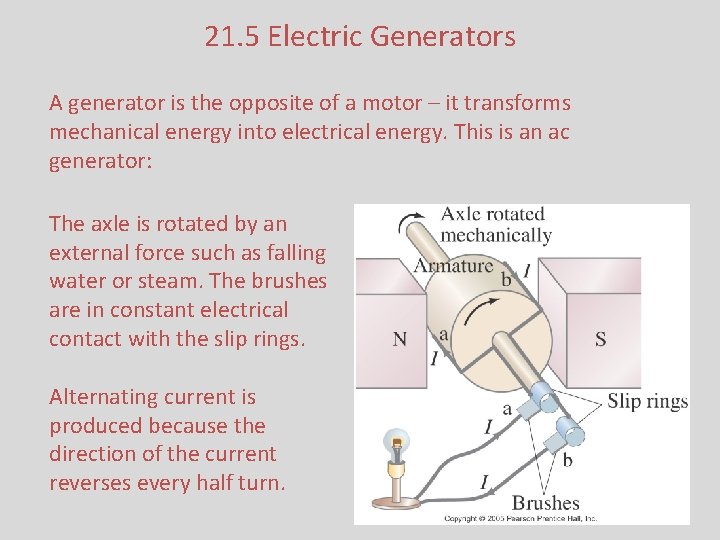 21. 5 Electric Generators A generator is the opposite of a motor – it