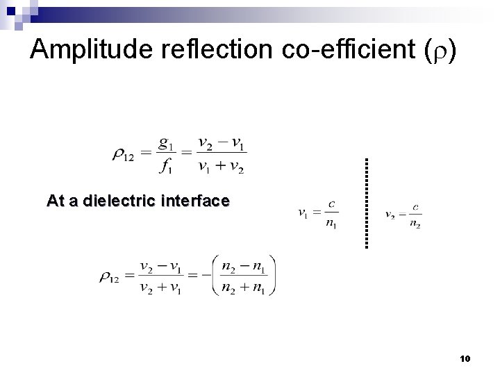 Amplitude reflection co-efficient ( ) At a dielectric interface 10 