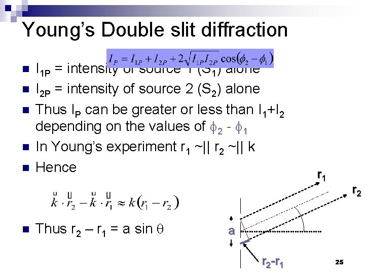 Young’s Double slit diffraction n I 1 P n n n = intensity of