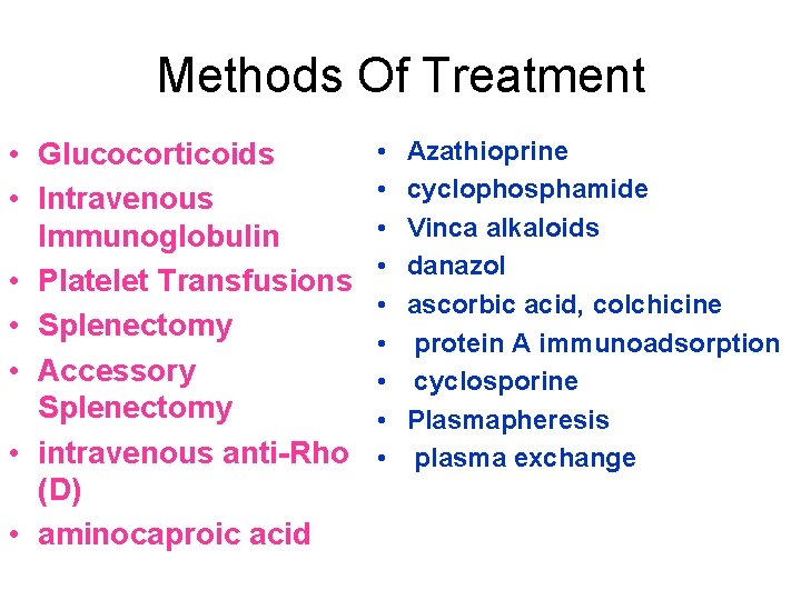 Methods Of Treatment • Glucocorticoids • Intravenous Immunoglobulin • Platelet Transfusions • Splenectomy •