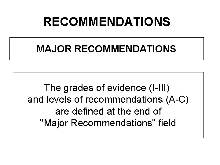 RECOMMENDATIONS MAJOR RECOMMENDATIONS The grades of evidence (I-III) and levels of recommendations (A-C) are