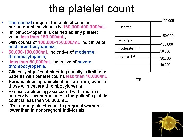 the platelet count • • • The normal range of the platelet count in