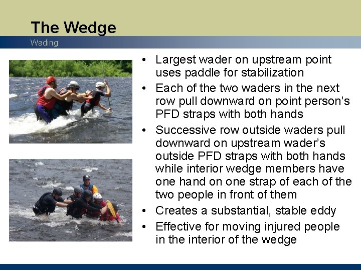 The Wedge Wading • Largest wader on upstream point uses paddle for stabilization •
