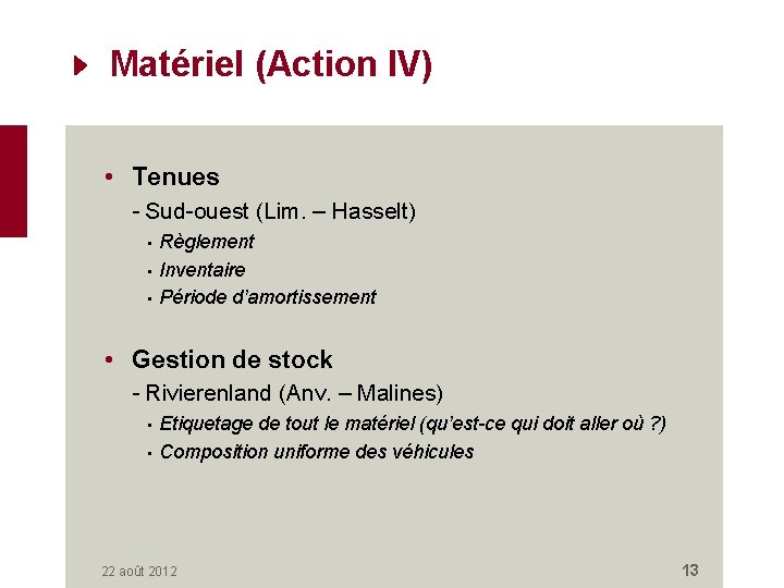 Matériel (Action IV) • Tenues - Sud-ouest (Lim. – Hasselt) • • • Règlement