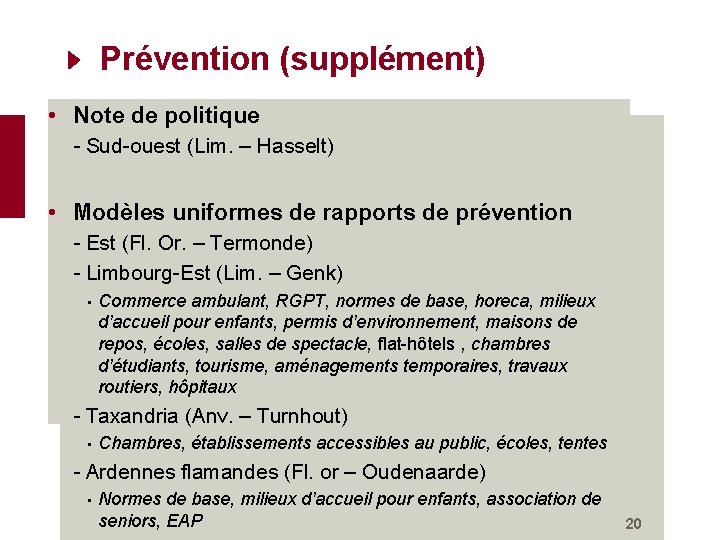 Prévention (supplément) • Note de politique - Sud-ouest (Lim. – Hasselt) • Modèles uniformes
