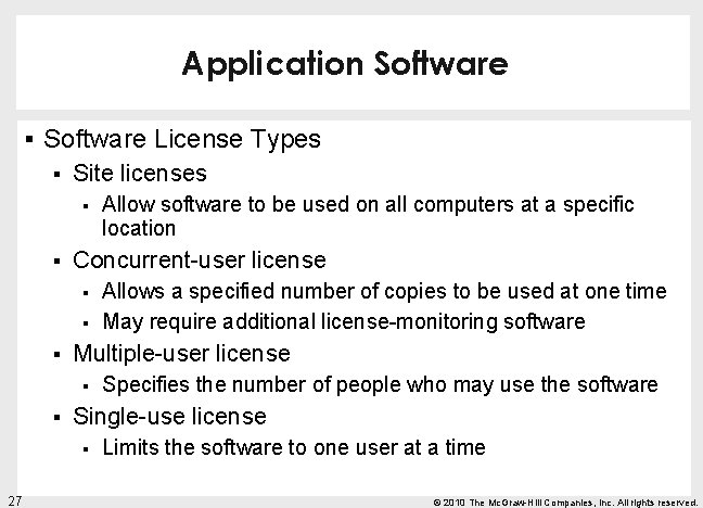 Application Software § Software License Types § Site licenses § § Concurrent-user license §