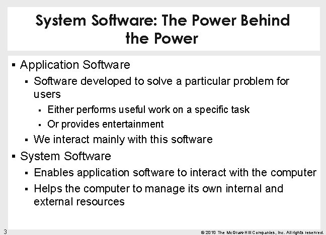 System Software: The Power Behind the Power § Application Software § Software developed to