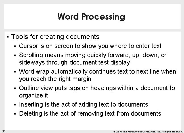 Word Processing § Tools for creating documents § § § 31 Cursor is on